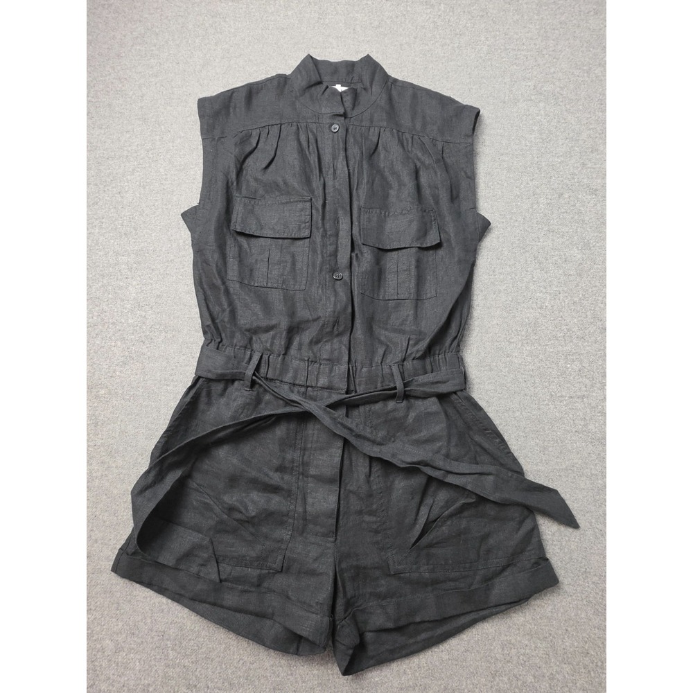FRAME Noir Linen Romper Womens XS Black Belted Button Front Sleeveless Utility